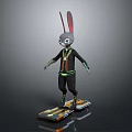 3D Gray Rabbit Character With Long Ears In Black Colorful Outfit On Striped Skateboard