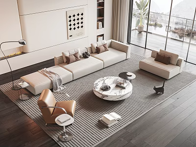 Modern Living Room Beige Sofa And Marble Coffee Table Set With Area Rug 3d model