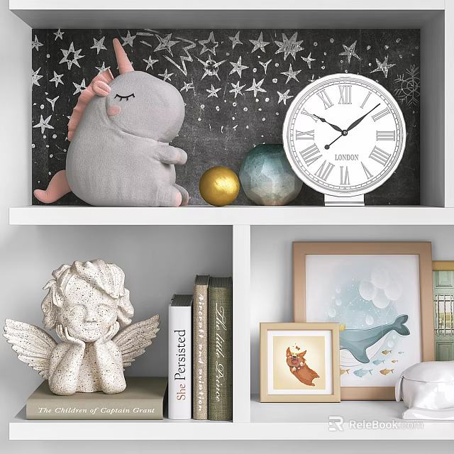 Decorative Cabinet With Gray Unicorn Plush Gold Blue Balls Clock Angel Statue Books Picture Frames 3d model 