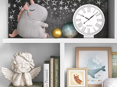 Decorative Cabinet With Gray Unicorn Plush Gold Blue Balls Clock Angel Statue Books Picture Frames 3d model