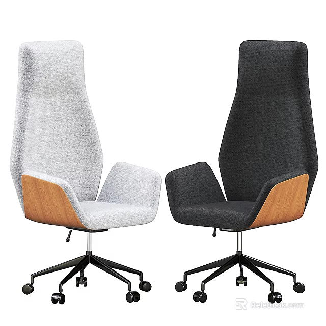 Two Modern Office Chairs Light Gray and Dark Gray High Backrest Wooden Armrests Black Base 3d model 