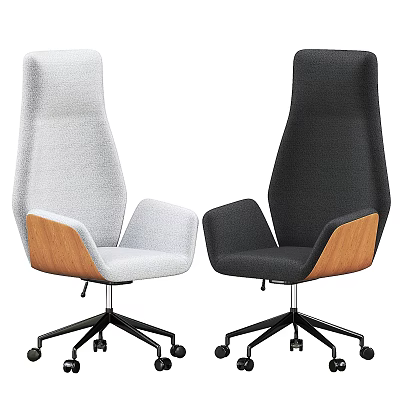 Two Modern Office Chairs Light Gray and Dark Gray High Backrest Wooden Armrests Black Base 3d model