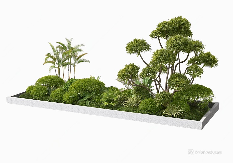 Outdoor Flower Bed And Planter With Green Trees Shrubs And Palm Plants In Stone Border 3d model 