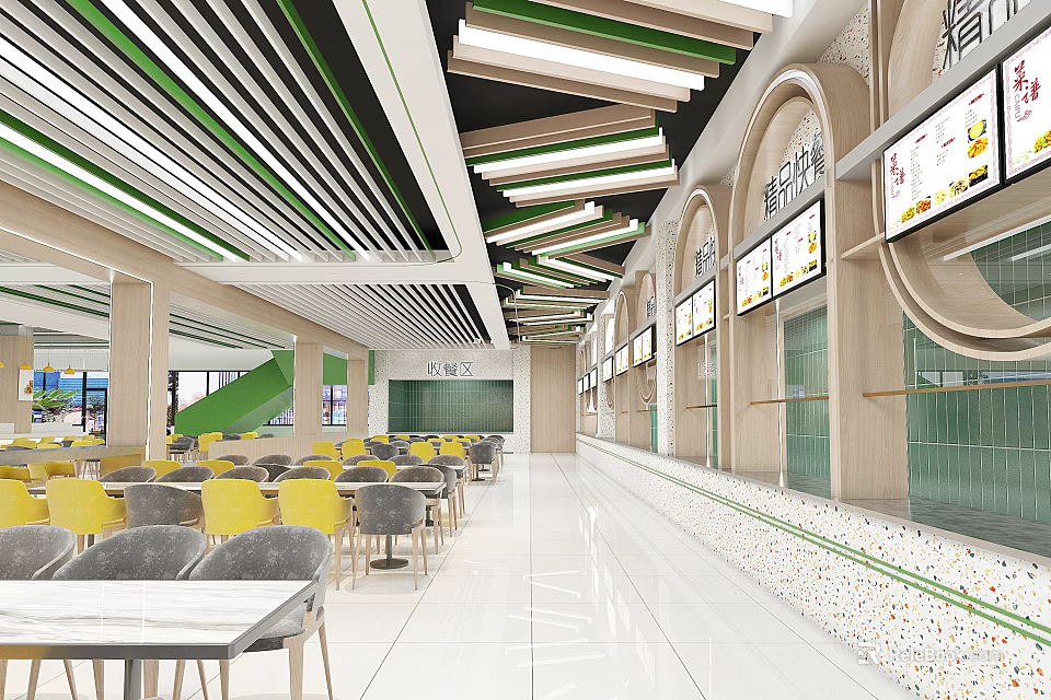 Modern Dining Hall Interior Featuring Yellow Grey Chairs White Tables Green Striped Ceiling Arch Structures 3d model