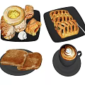 Assorted Pastries Toast And Pie With Latte Coffee On Black Plates