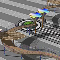 Curved Pergola With Colorful Canopy Wooden Structure And Circular Green Areas On Gray Paving