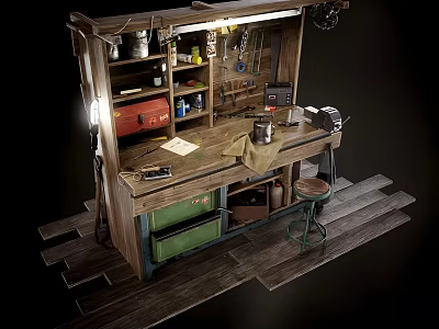 Rustic Functional Desk With Wooden Worktop Green Drawers Tool Storage And Metal Stool 3d model