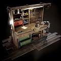 Rustic Functional Desk With Wooden Worktop Green Drawers Tool Storage And Metal Stool