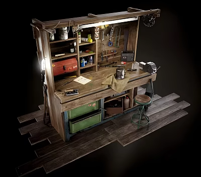 Rustic Functional Desk With Wooden Worktop Green Drawers Tool Storage And Metal Stool 3d model