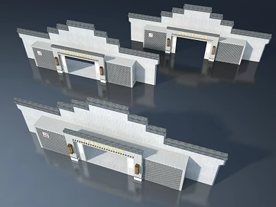 Traditional Chinese Style Swing Doors With Gray White Frame And Decorative Top Structure 3d model