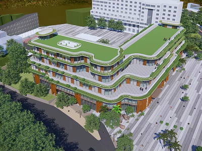 Multi Storey Building With Green Roof Curved Design Surrounding Trees And Nearby Tall Building 3d model