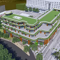 Multi Storey Building With Green Roof Curved Design Surrounding Trees And Nearby Tall Building
