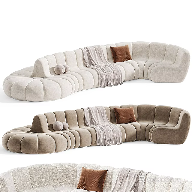 Curved Sectional Sofa in Beige and Brown with Plush Upholstery Decorative Pillows and Throw Blanket 3d model 