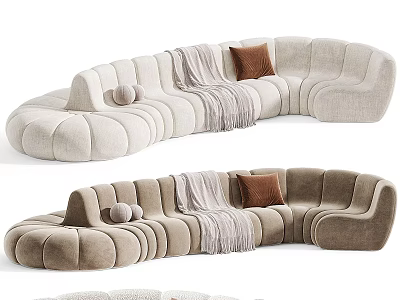 Curved Sectional Sofa in Beige and Brown with Plush Upholstery Decorative Pillows and Throw Blanket 3d model