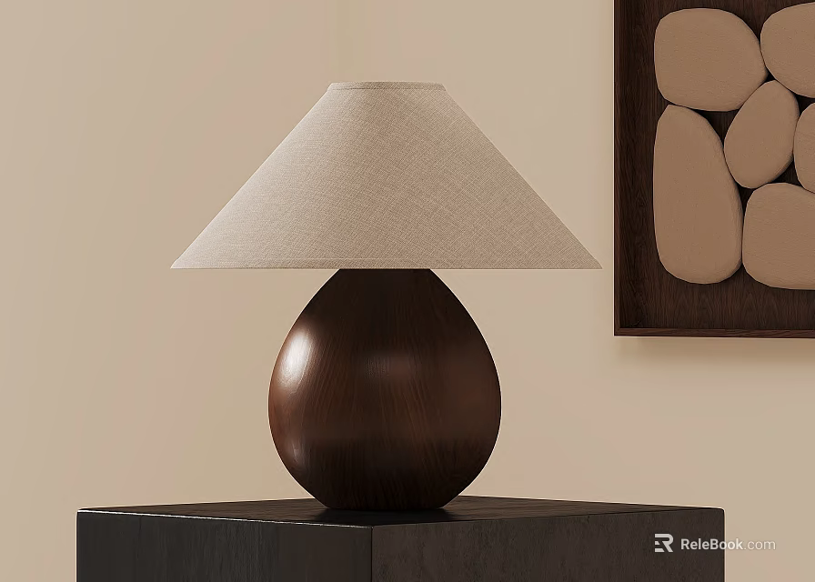 Teardrop Shaped Wooden Table Lamp with Beige Linen Shade on Black Stand and Wall Art 3d model 