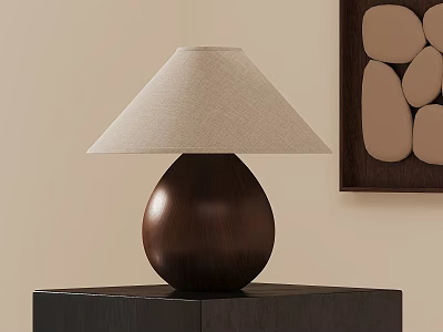 Teardrop Shaped Wooden Table Lamp with Beige Linen Shade on Black Stand and Wall Art 3d model