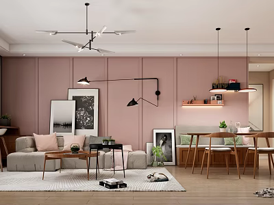 Modern Living Dining Room Interior With Pink Walls Sofa Dining Table Decorative Paintings And Green Plants 3d model