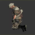 Tactical Combat Character With Helmet Armor In Kneeling Pose On Minimal Gray Background