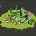Green Grassy Island With Pink Roofed Towers Red Mushroom Flag Slides Pool And Yellow Stars