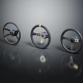 Three Black Steering Wheels With Different Spoke Designs On Reflective Surface 3d model