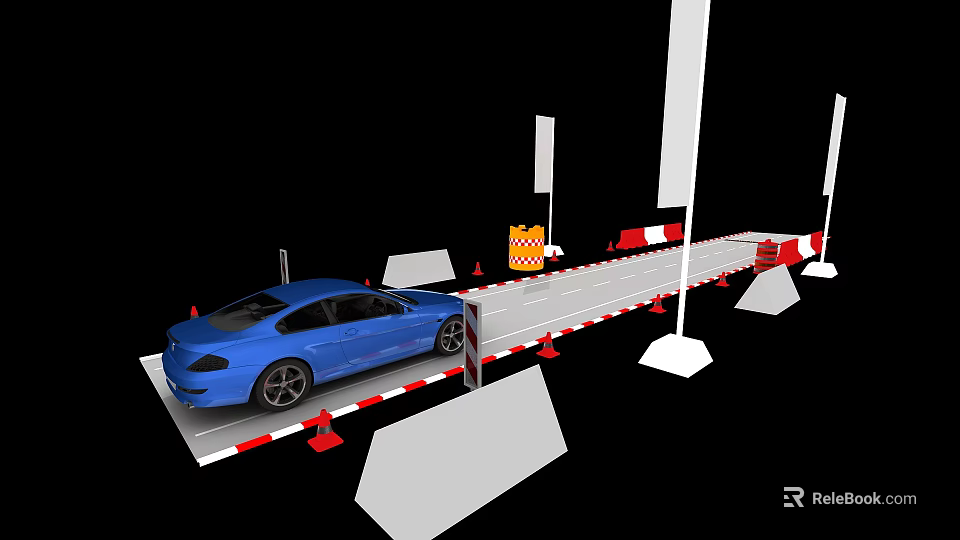 Temporary Road Facilities With Blue Car Traffic Cones And Red White Barriers 3d model 