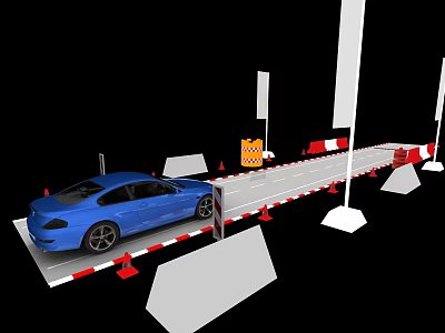 Temporary Road Facilities With Blue Car Traffic Cones And Red White Barriers 3d model