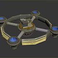 Futuristic Metallic Structure With Blue Circular Components Arm Like Design And Golden Stripes