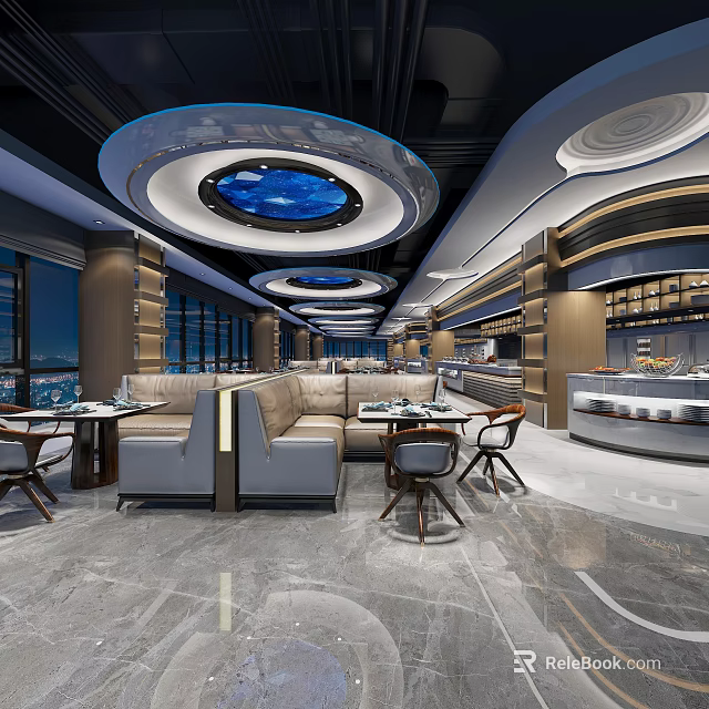 Modern Restaurant Interior Design With Leather Sofa Seats And Ceiling Pendant Lights 3d model