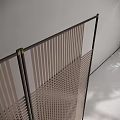 Modern Room Divider With Black Metal Frame Brown Slatted Design And Brass Accents