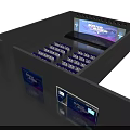 Modern Conference Venue Stage Setup With Large Screen And Blue Seats