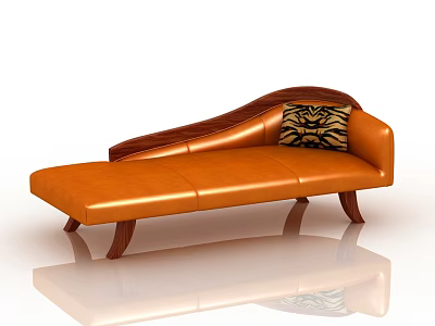 Comfortable Orange Leather Lazy Sofa with Wooden Armrests and Tiger Pattern Cushion 3d model