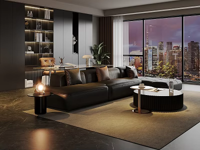 Modern Dark Tone Luxury Living Room Interior With Panoramic City View And Large Leather Sofa 3d model