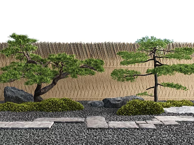 Tranquil Japanese Courtyard Garden With Pine Trees Stone Path And Bamboo Fence 3d model