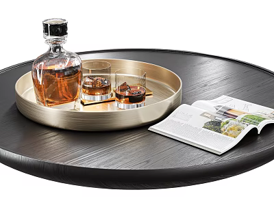 Whiskey Bottle and Glasses on Gold Round Tray with Open Magazine on Black Table 3d model
