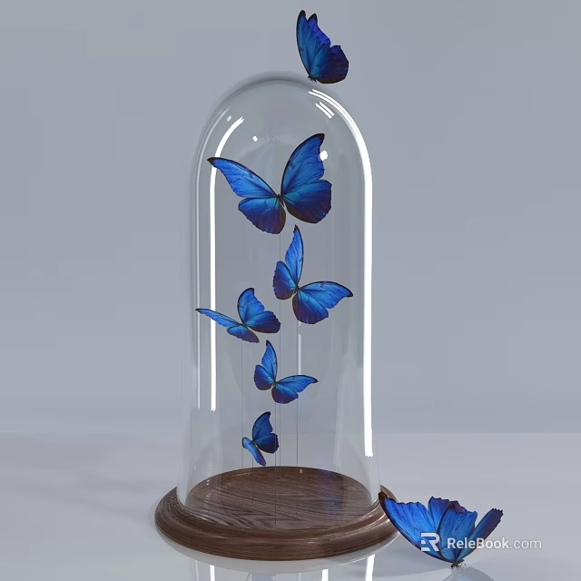 Decorative Ornament Set Featuring Glass Cloche Blue Butterflies and Wooden Base 3d model 