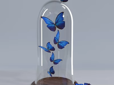 Decorative Ornament Set Featuring Glass Cloche Blue Butterflies and Wooden Base 3d model