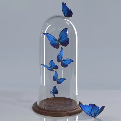 Decorative Ornament Set Featuring Glass Cloche Blue Butterflies and Wooden Base 3d model
