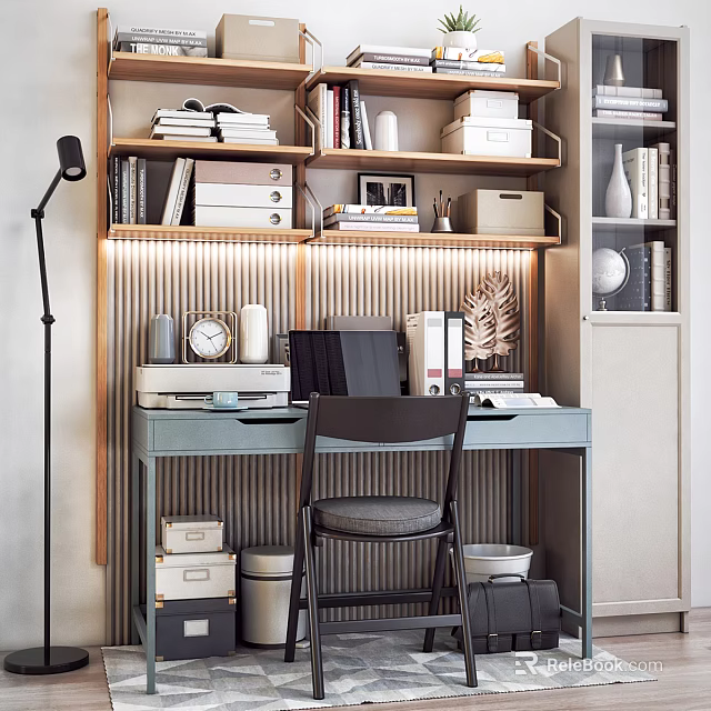 Modern Home Office Desk Interior With Books Shelves Lamp Storage And Chair 3d model 