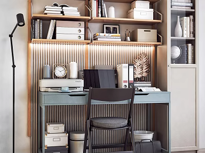 Modern Home Office Desk Interior With Books Shelves Lamp Storage And Chair 3d model
