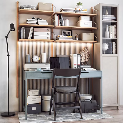 Modern Home Office Desk Interior With Books Shelves Lamp Storage And Chair 3d model