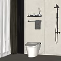 Modern White Toilet in Bathroom with Wall Shelf Towel Rack Shower Fixture and Plant