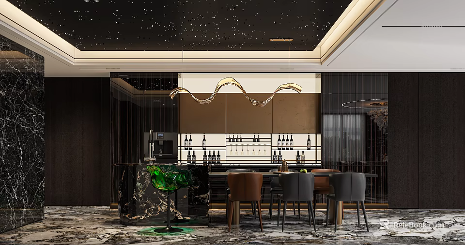 Elegant Restaurant With Starry Black Ceiling Open Bar Wine Cabinet And Marble Countertop 3d model 
