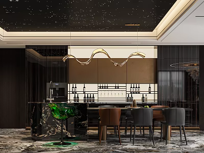 Elegant Restaurant With Starry Black Ceiling Open Bar Wine Cabinet And Marble Countertop 3d model