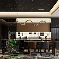 Elegant Restaurant With Starry Black Ceiling Open Bar Wine Cabinet And Marble Countertop