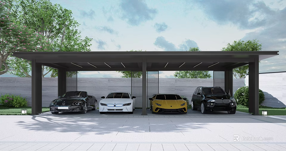 Garden Ornaments With Modern Carport And Four Parked Cars Surrounded By Trees 3d model 
