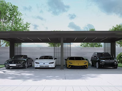 Garden Ornaments With Modern Carport And Four Parked Cars Surrounded By Trees 3d model