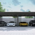Garden Ornaments With Modern Carport And Four Parked Cars Surrounded By Trees