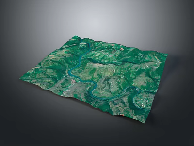 Lush Green Mountain Landscape With Winding River Rolling Terrain And Vegetation In Topographic Map Style 3d model