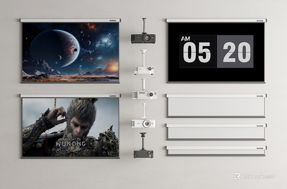 Projection Monitoring System With Multiple Projection Screens Surveillance Cameras And Digital Clock 3d model 