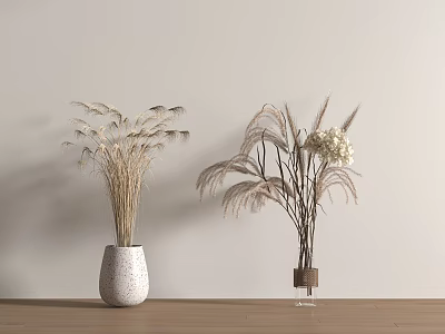 Dried Flowers in White Textured and Transparent Glass Vases with Brown Base on Wooden Tabletop 3d model